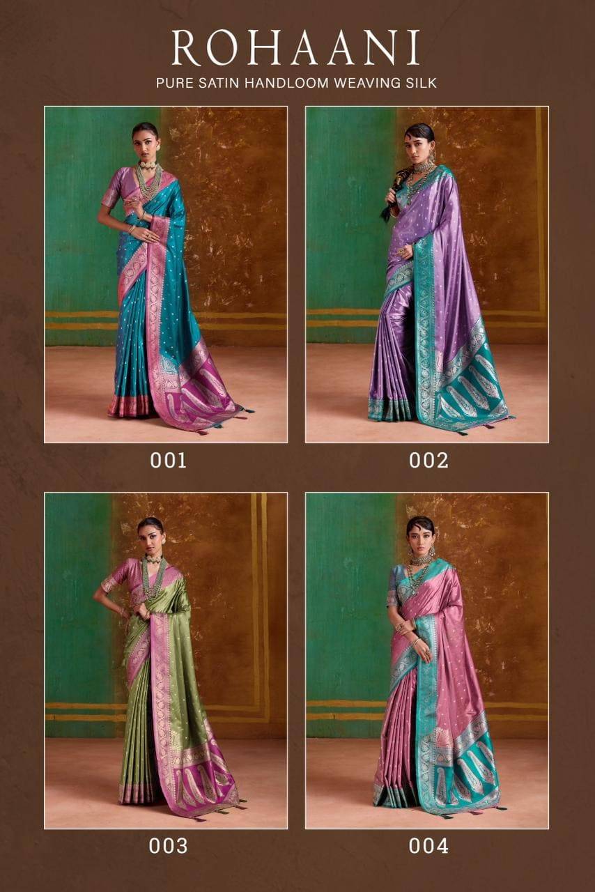 Rohaani By Raj Tex 001 to 006 Series Indian Traditional Wear Collection Beautiful Stylish Fancy Colorful Party Wear & Occasional Wear Satin Crepe Sarees At Wholesale Price